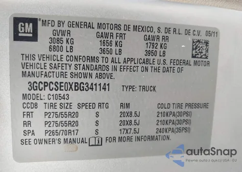 2011 Chevrolet Silverado 1500 Lt z USA, uszkodzony, nr VIN 3GCPCSE0XBG341141